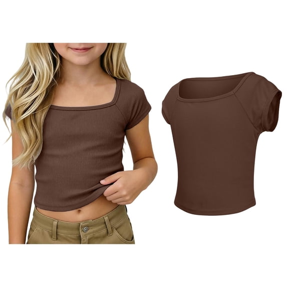 T Shirts for Girls Short Sleeve Square Neck Ribbed Tshirts Kids Basic Plain Girl Tops,Brown,4-5 Years