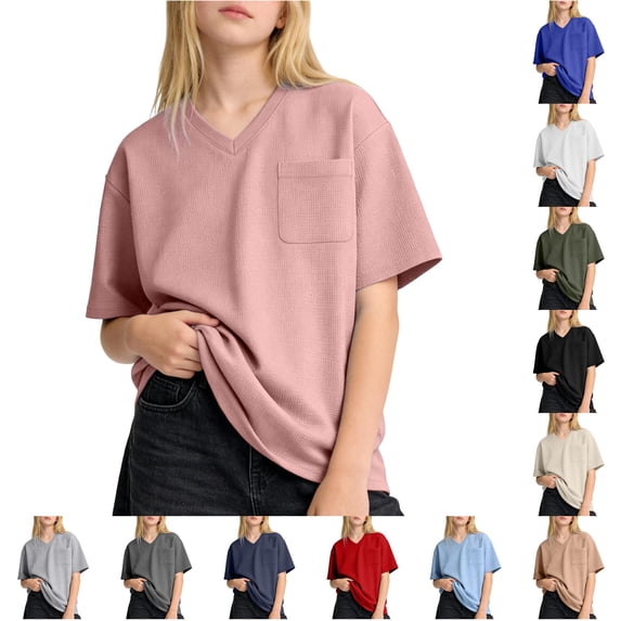 T Shirts for Girls V Neck Short Sleeve Pink Shirt for Girls Oversized Summer T Shirts 11-12 Years