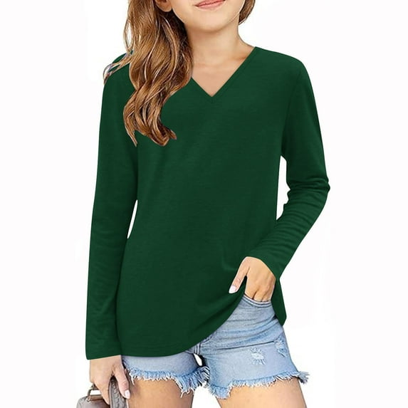 T-Shirts for Girls V-Neck Solid Color Long Sleeve Fall Blouse Dressy Casual Basic Tee,4 Years