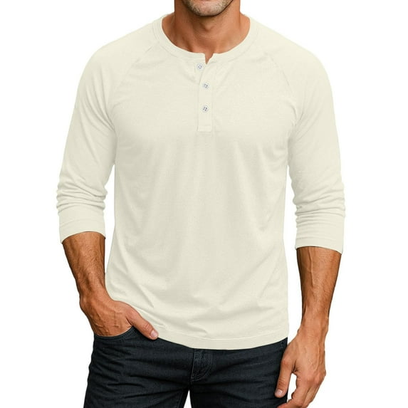 T Shirts for Man Casual Henley Neck Long Sleeve Button Down Tops Comfortable Loose Fit Solid Color Relaxation Men's Shirts Beige L