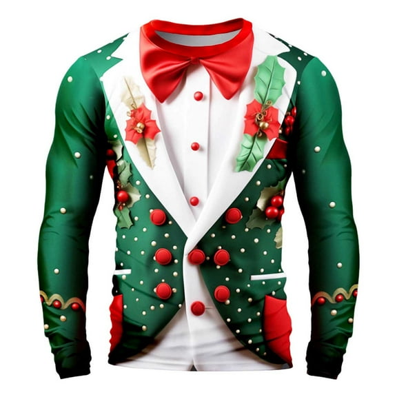 T Shirts for Man Christmas Long Sleeve Funny 3D Graphic Party Crew Neck Casual Cozy Family Xmas Gift Mens T-Shirts Dark Green L