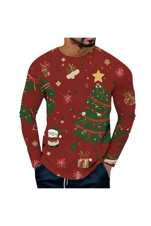 T Shirts for Man Christmas Long Sleeve Merry Christmas Graphic Pajamas Tee Crew Neck Casual Slim Fit Family Xmas Gift Mens Shirts Red L