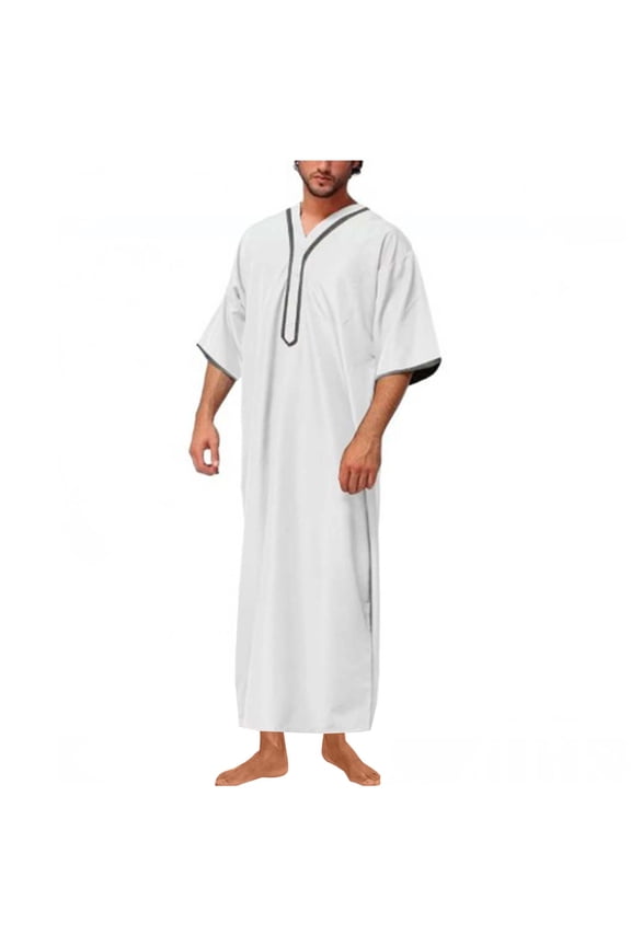 T Shirts for Man Cotton,Mens Kaftan Thobe V-Neck Half Sleeve Muslim Robe Dubai Long Gown Saudi Arab Thobe Robes for Summer Beach
