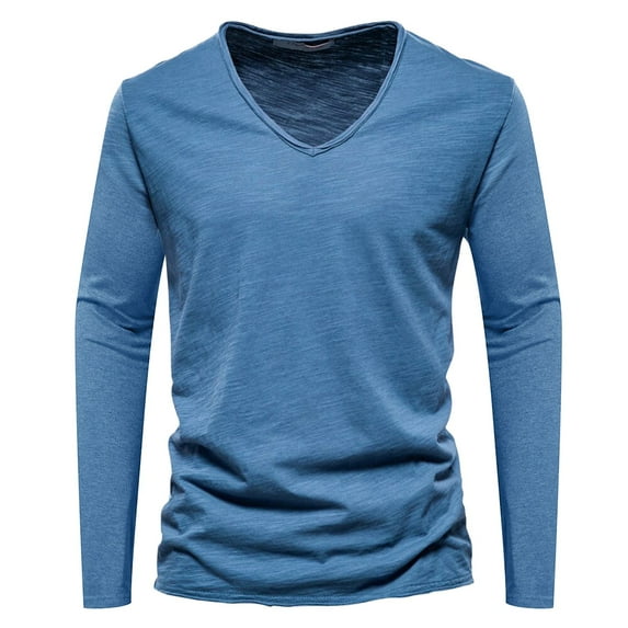 Men's Tshirts Casual Trendy Daily Wear Solid Color Cotton V Neck Long Sleeve Tops