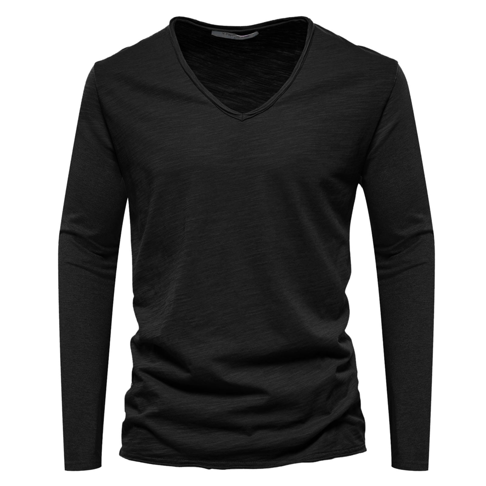 T Shirts for Man Fashion Casual Solid Color Cotton V Neck Long Sleeve T ...