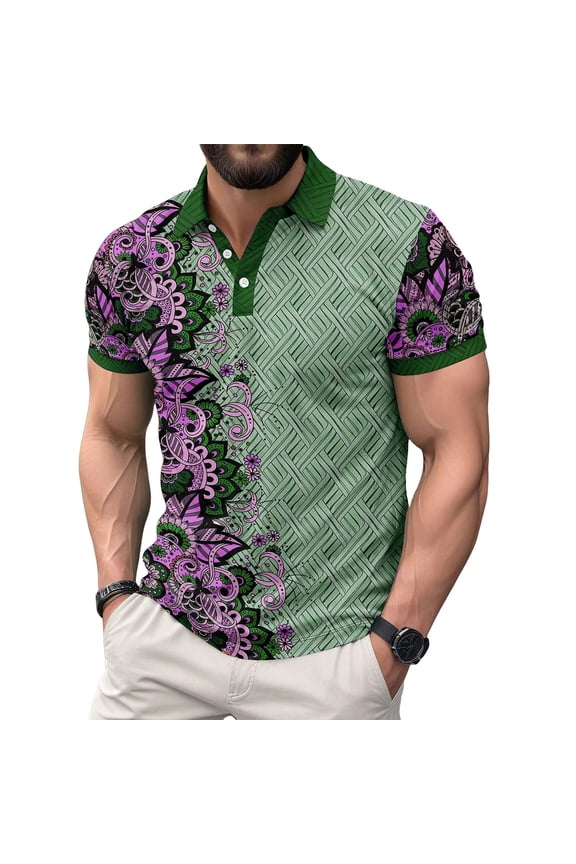 T Shirts for Man Floral Printed Casual Short Sleeve Button Up Collared Polo Shirts Breathable Summer Comfortable Shirts for Men B M