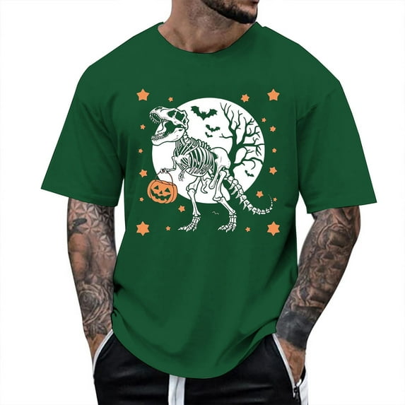 T Shirts for Man Halloween Dinosaur Skeleton Printed Casual Short Sleeve Tees Crew Neck Comfortable Breathable Men Shirts Dark Green M