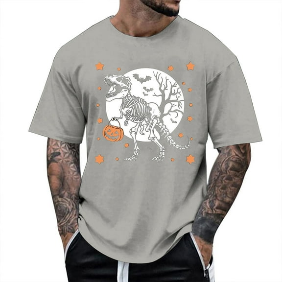 T Shirts for Man Halloween Dinosaur Skeleton Printed Casual Short Sleeve Tees Crew Neck Comfortable Breathable Shirts for Men Light Gray XXXL