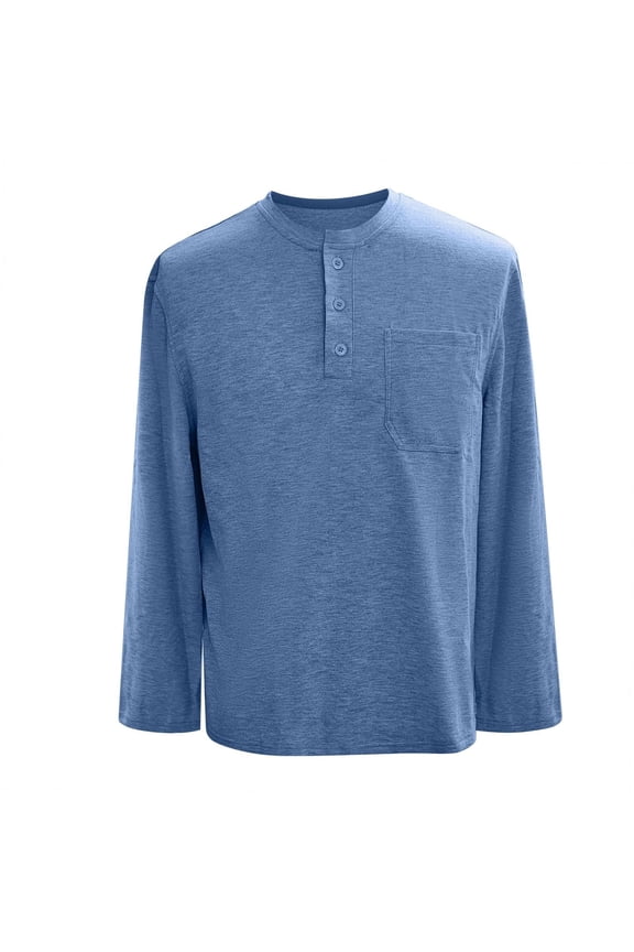 T-Shirts for Man Long Sleeve Crewneck Henley Shirt Basic Blue Button Shirt Mens Work Shirts