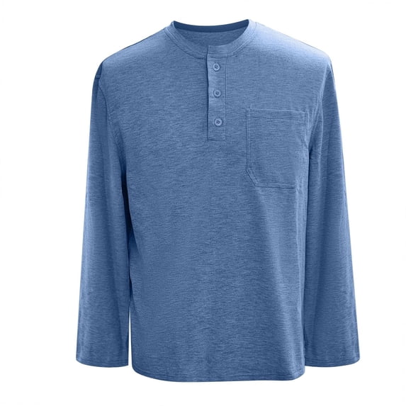 T-Shirts for Man Long Sleeve Crewneck Henley Shirt Basic Blue Button Shirt Mens Work Shirts