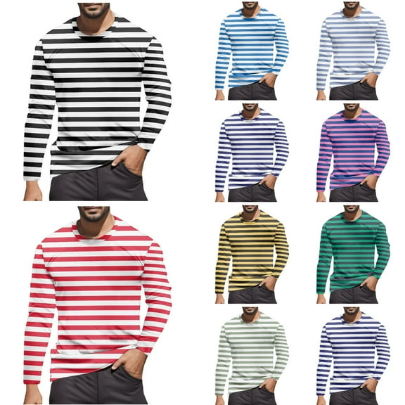 T Shirts for Man Long Sleeve Fall Warm Color Block Striped Tops 2025 Casual Classic Crew Neck Slim Stretchy Comfortable Mens T-Shirts Black M