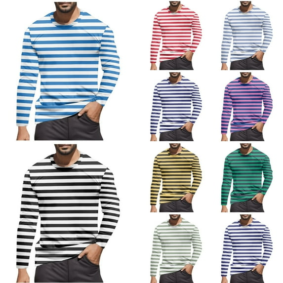T Shirts for Man Long Sleeve Fall Warm Color Block Striped Tops 2025 Casual Classic Crew Neck Slim Stretchy Comfortable Mens T-Shirts Blue XXL