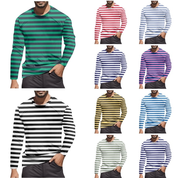 T Shirts for Man Long Sleeve Fall Warm Color Block Striped Tops 2025 Casual Classic Crew Neck Slim Stretchy Comfortable Mens T-Shirts Green XXL