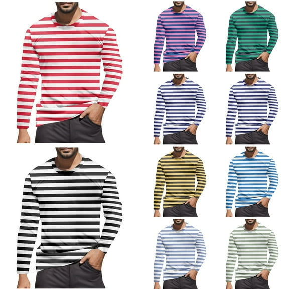 T Shirts for Man Long Sleeve Fall Warm Color Block Striped Tops 2025 Casual Classic Crew Neck Slim Stretchy Comfortable Mens T-Shirts Red L