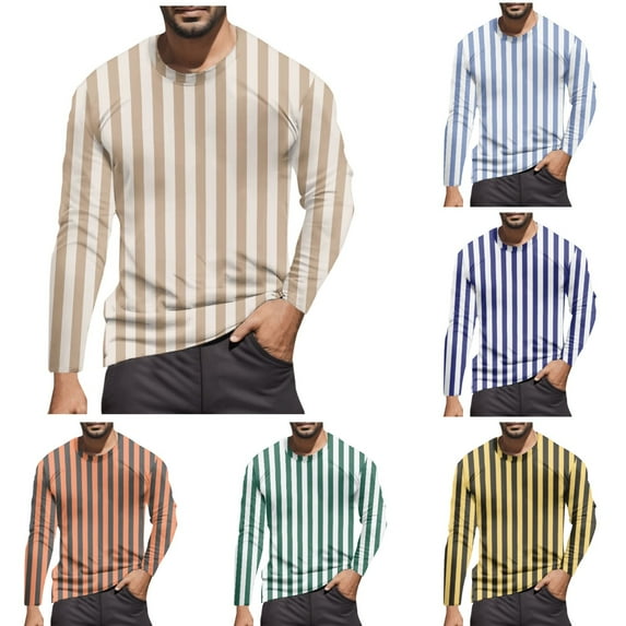 T Shirts for Man Long Sleeve Fall Warm Striped Color Block Tops 2025 Casual Classic Crew Neck Slim Stretchy Comfortable Mens T-Shirts Khaki S