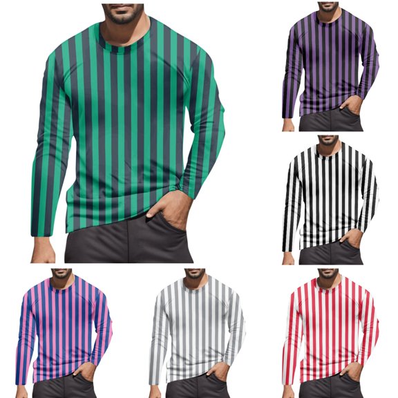 T Shirts for Man Long Sleeve Fall Warm Striped Color Block Tops 2025 Casual Crew Neck Slim Stretchy Comfortable Classic Mens T-Shirts Green XXL