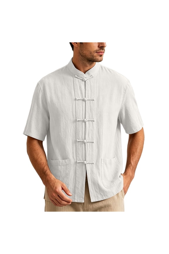 T Shirts for Man, Men's Shirt Tang Suit Shirt Long Sleeve Traditional Kung Fu Uniform Chinese Frog Buttons Lightweight Jacket Summer White M