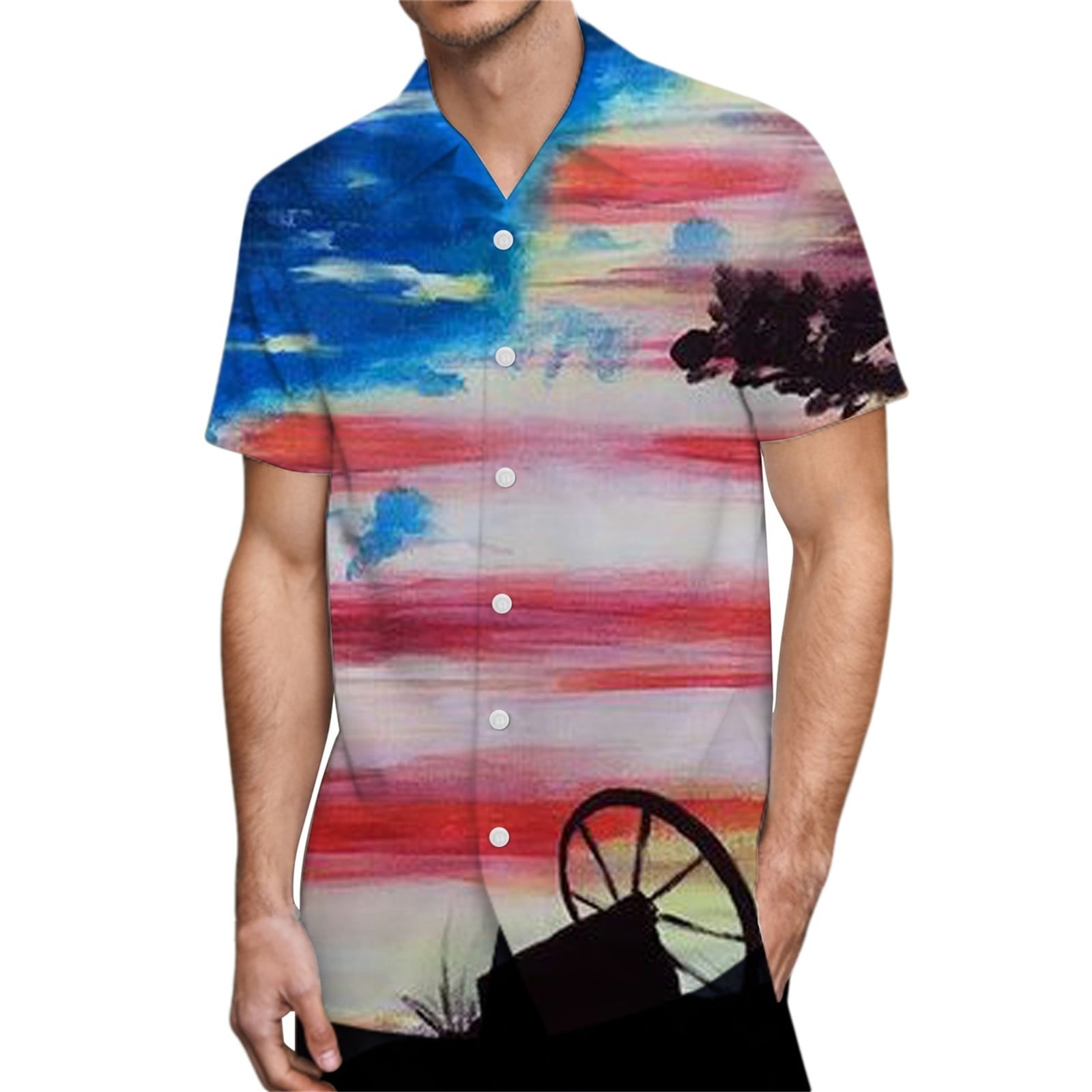 T Shirts for Man Printing Pocket Buckle Lapel Short Sleeve Hawaii Beach ...