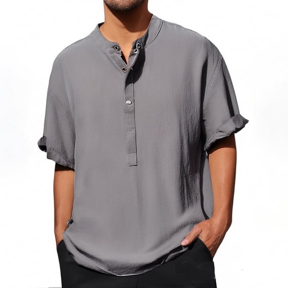 T Shirts for Man Short Sleeve Crew Neck Henley T-Shirt Loose Fit Grey Tee Shirt with Button Men's Workout Shirts