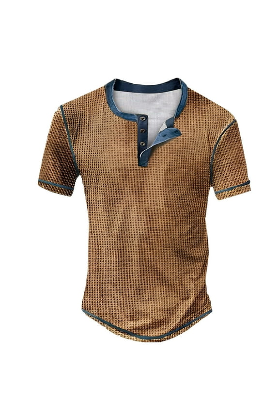 T Shirts for Man Short Sleeve Crew Neck Waffle Henley Shirts Basic Coffee Shirts with Button Mens Summer Shirts