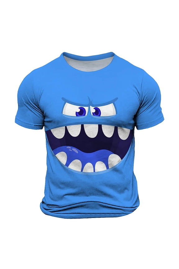 T Shirts for Man Spring Summer Casual Emoticon Printed Crew Neck Short Sleeved Funny Graphic Tees Blue XXXXL