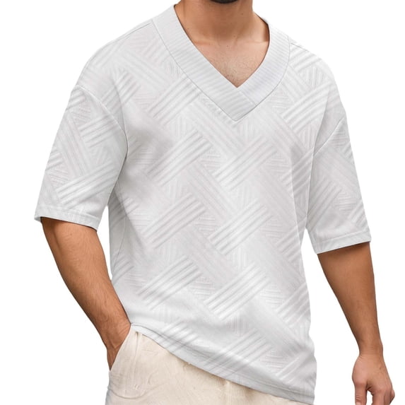 T Shirts for Man Summer Casual Short Sleeve Jacquard V Neck Relaxed Fit Breathable Tshirts Mens Tees