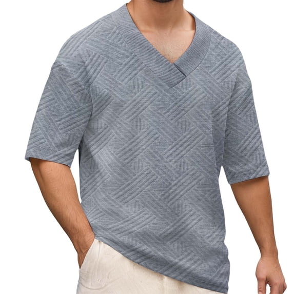 T Shirts for Man Summer Casual Short Sleeve Jacquard V Neck Relaxed Fit Breathable Tshirts Mens Tees