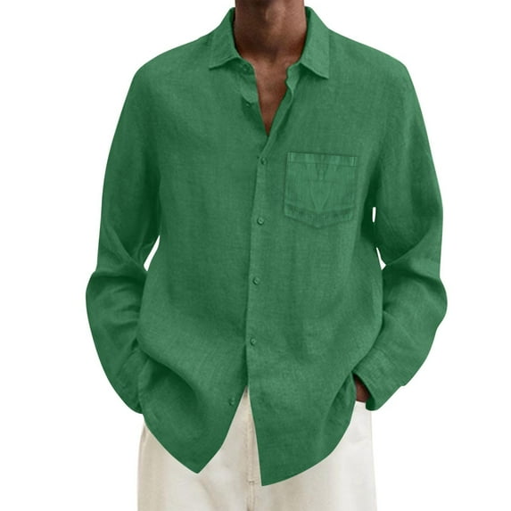 T Shirts for Man Summer Cotton Linen Solid Casual Plus Size Loose Turn Down Long Sleeve Boys Easter Shirt