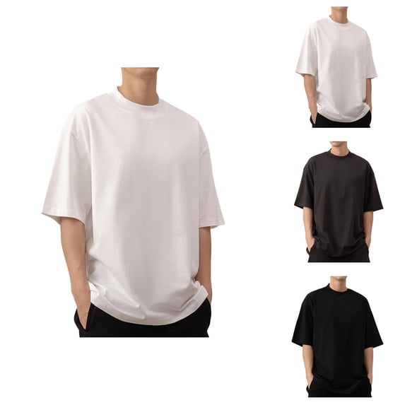 T Shirts for Man Summer Heavyweight Short Sleeve Neck Loose Drop Shouder Basic Plain Cotton Tshirts Mens Tees