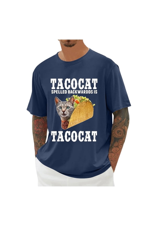 T Shirts for Man Taco Cat Printed Casual Short Sleeve Graphic Tees Soft Loose Lightweight Fit Comfortable Crew Neck Men's Shirts Navy XXXL
