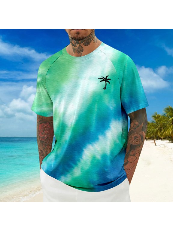 T-Shirts for Man Tie Dye Gradient Color Mesh T-shirt Loose Fit Palm Tree Graphic Tops Green2 XXL