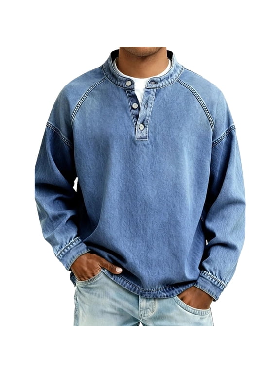 T-Shirts for Man, Vintage Distressed Long Sleeve Button Up Denim Pullover, Mens Vintage Henley Shirts with Button Placket for Casual