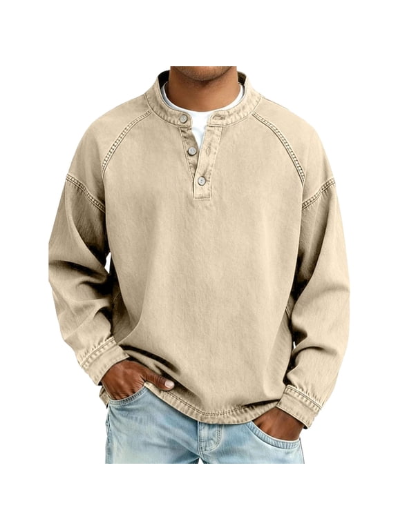 T-Shirts for Man, Vintage Distressed Long Sleeve Button Up Denim Pullover, Mens Vintage Henley Shirts with Button Placket for Casual