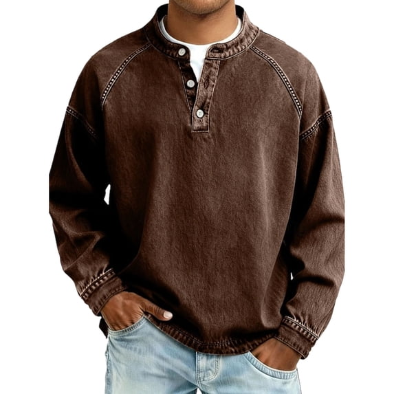 T-Shirts for Man, Vintage Distressed Long Sleeve Button Up Denim Pullover, Mens Vintage Henley Shirts with Button Placket for Casual