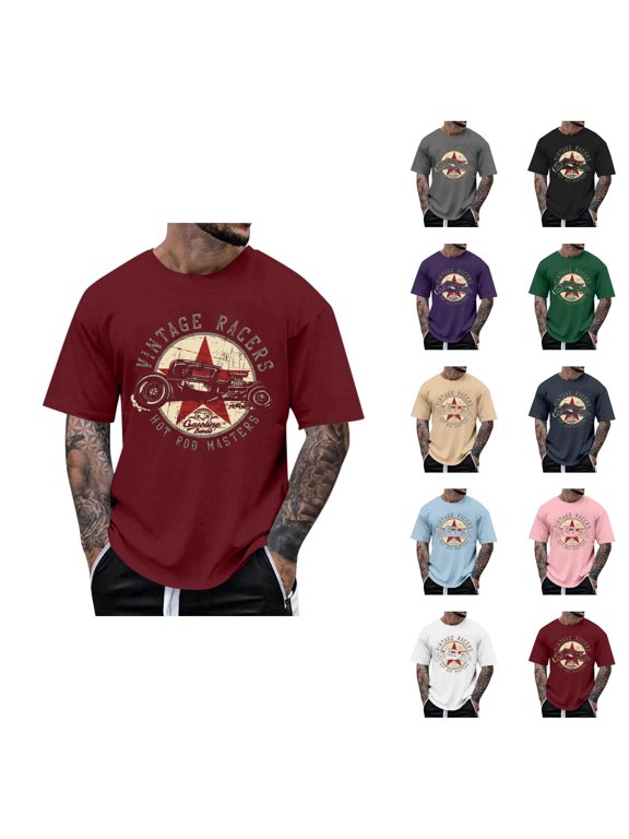 T Shirts for Men 2026 Summer Casual Short Sleeve Crewneck Vintage Racers Hot Rod Masters Graphic Tees Streetwear