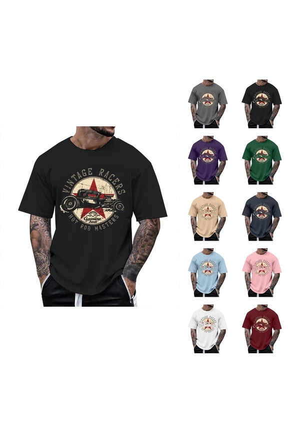 T Shirts for Men 2026 Summer Casual Short Sleeve Crewneck Vintage Racers Hot Rod Masters Graphic Tees Streetwear
