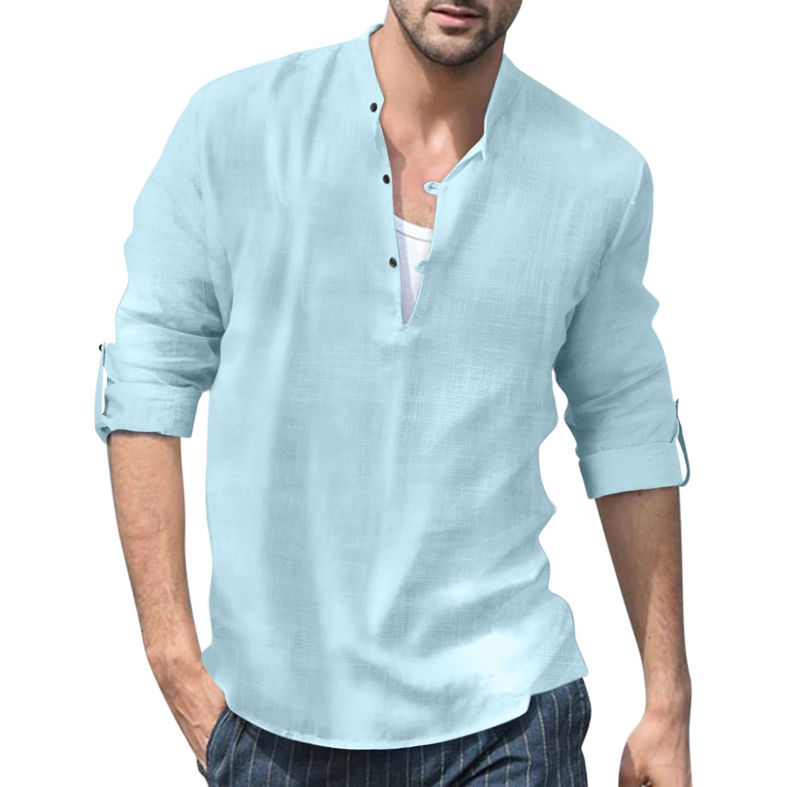 T Shirts for Men Casual Tops Winter Fall Long Sleeve Male Solid Roll Up  Sleeve Blouse Stand Collar T-shirt Top