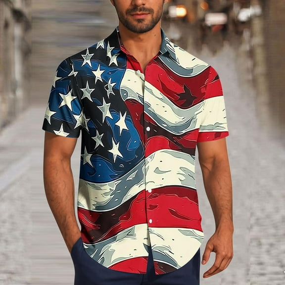 T Shirts for Men Clearance Short Sleeve Lapel Independence Day Print Casual Vintage Bowling Shirt Cuba Beach Summer Button Up Shirt Red XXXL