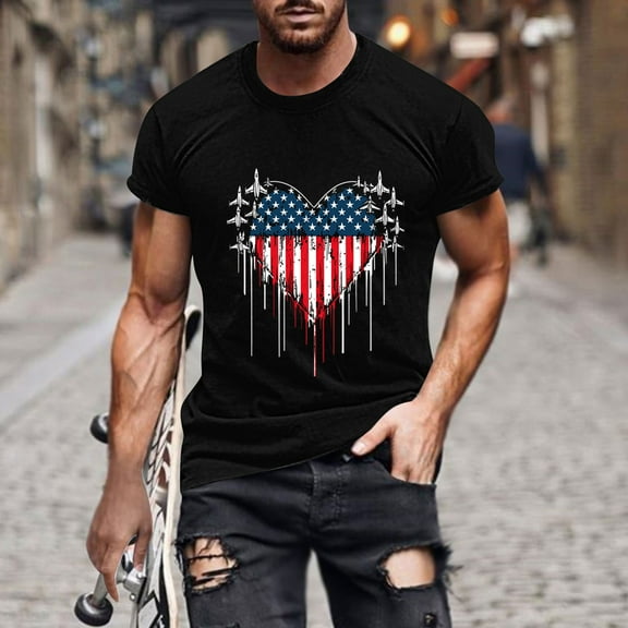 T Shirts for Men under $5 Independence Day Printing Short Sleeve Round Neck Shirts for Men Pullover Men's T-Shirt Shirts for Men Black M