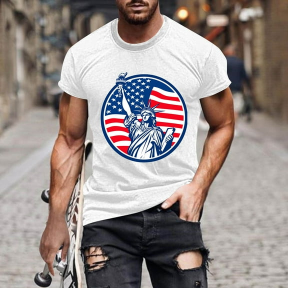 T Shirts for Men under $5 Independence Day Printing Short Sleeve Round Neck Shirts for Men Pullover Men's T-Shirt Shirts for Men White L