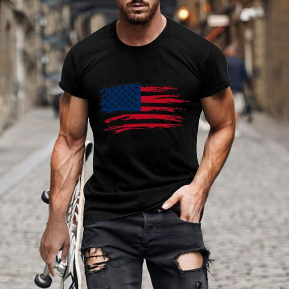 T Shirts for Men under $5 Independence Day the United States Flag Print Short Sleeve Round Neck Pullover T-Shirt Black L