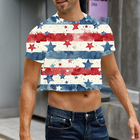 T Shirts for Men Clearance under $5 Short Sleeve Round Neck Summer Leisure Print Crop Top White S