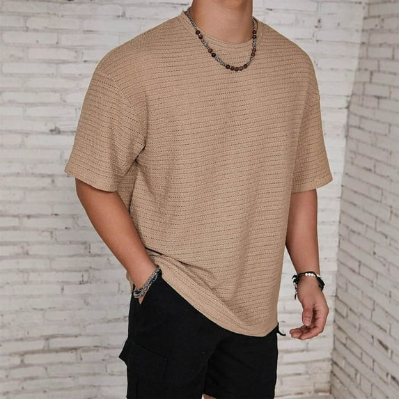 T Shirts for Men Clearance under $5 Short Sleeve Turndown Collar Button Breathable Solid Color Casual Loose Shirt Khaki S