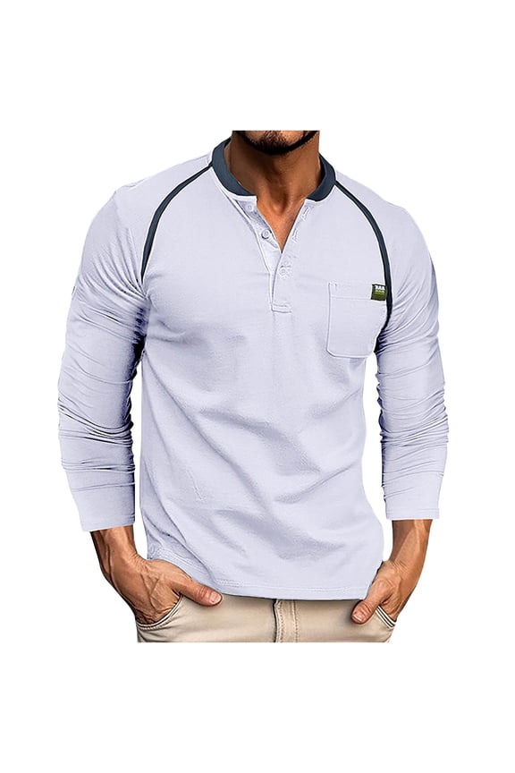T-Shirts for Men Contrast Color Slim Long Sleeve Standing Neck Button Pocket Casual Sports T-Shirt Blouse T-Shirt for Men