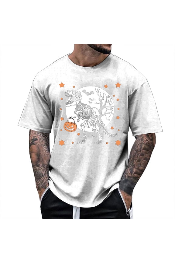 T Shirts for Men Graphic Halloween Dinosaur Skeleton Printed Casual Short Sleeve Tees Crew Neck Comfortable Breathable Men Shirts White S