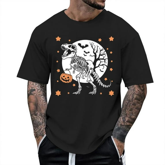 T Shirts for Men Graphic Halloween Dinosaur Skeleton Printed Casual Short Sleeve Tees Crew Neck Comfortable Breathable Shirts for Men Black L