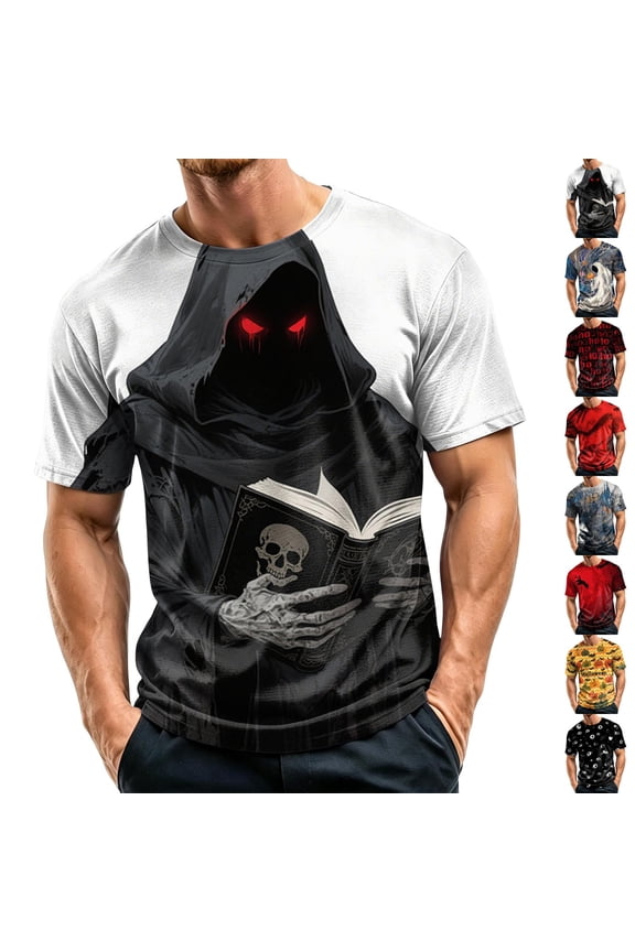 T Shirts for Men Halloween Ghost Skull Print Short Sleeve Round Neck T Shirts Loose Pull on Funny Shirts, L