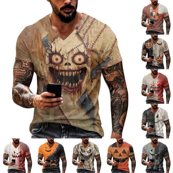 T Shirts for Men Halloween Print Short Sleeve V Neck Tees Pull on Funny Causal Shirts, M
