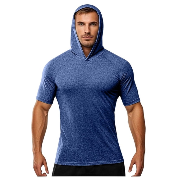 T Shirts for Men Hooded Short Sleeve Loose TunicHooded Shirt Blouse Fast Dry Clothes And Fitness Height Stretch Sunscreen Top Blue,M