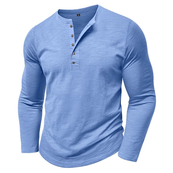 T Shirts for Men Long Sleeve Crew Neck Henley Shirts Basic Blue Tee Shirt with Button Workout Shirts for Men